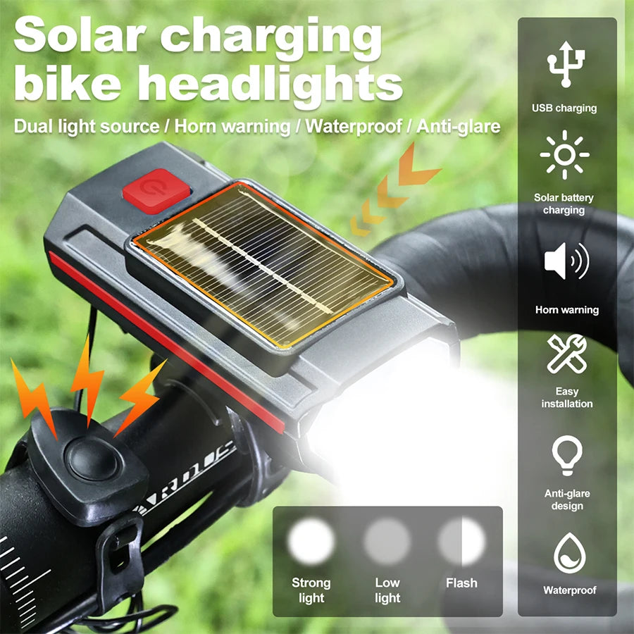 Solar Charging Bike Headlight with USB Fast Charge